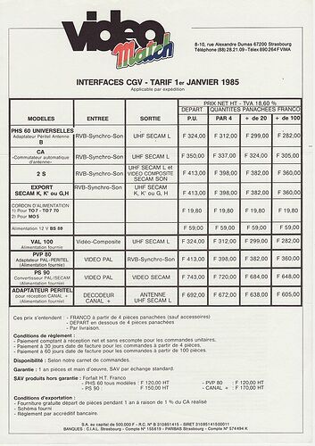 CGV-VideoMatch-Tarif Janvier 1985