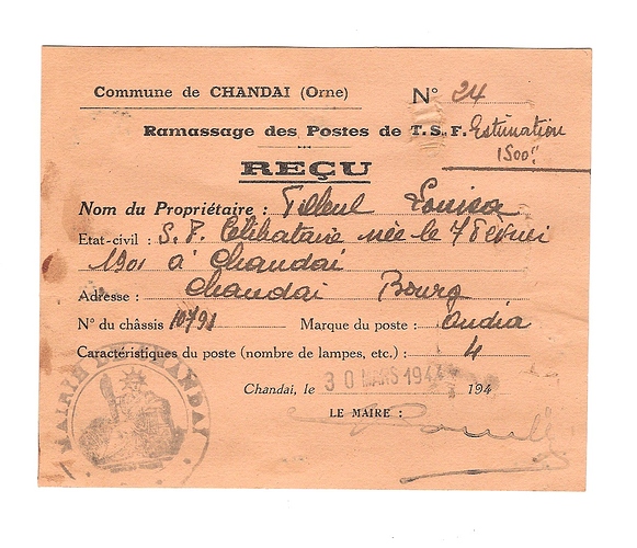 ONDIA  1944 reçu