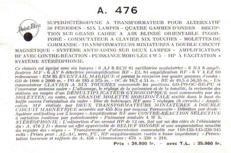 A476 Caractéristiques