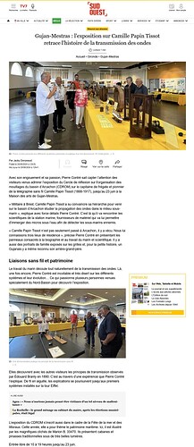 Sud-Ouest 20 Juin 2024 - l’exposition sur Camille Papin Tissot retrace l’histoire de la transmission des ondes