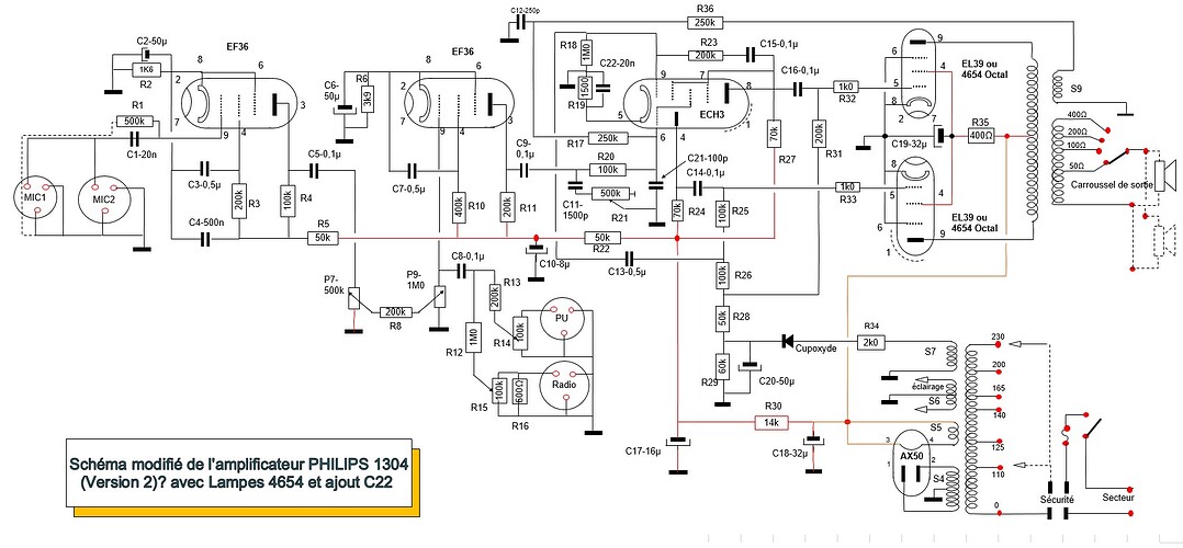 Schéma modifié Ampli PHILIPS 1304