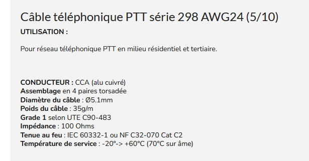 Câble téléphone standard 4 paires PTT298